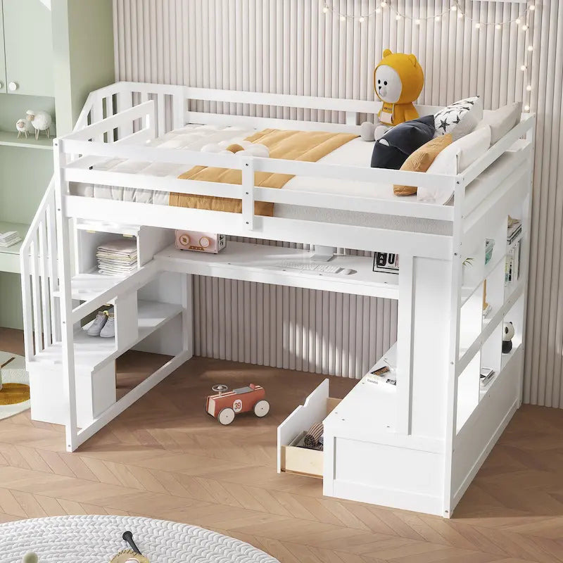 Letto a soppalco full size con scrivania, mensole, cassetti e scala