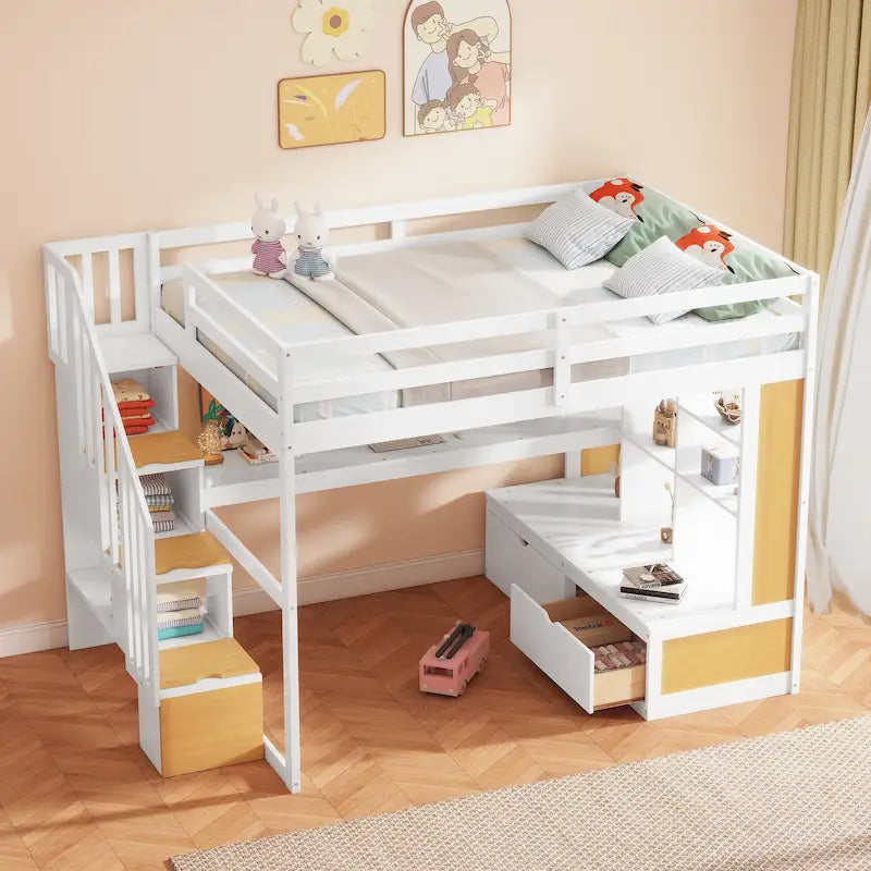 Letto a soppalco full size con scrivania, mensole, cassetti e scala