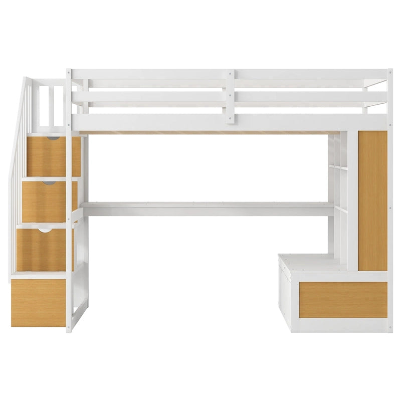 Full Size Loft Bed with Desk and Shelves, Two Built-in Drawers, Storage Staircase