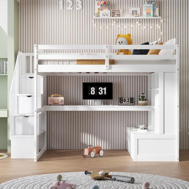 Letto a soppalco full size con scrivania, mensole, cassetti e scala