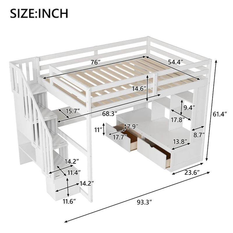 Letto a soppalco full size con scrivania, mensole, cassetti e scala