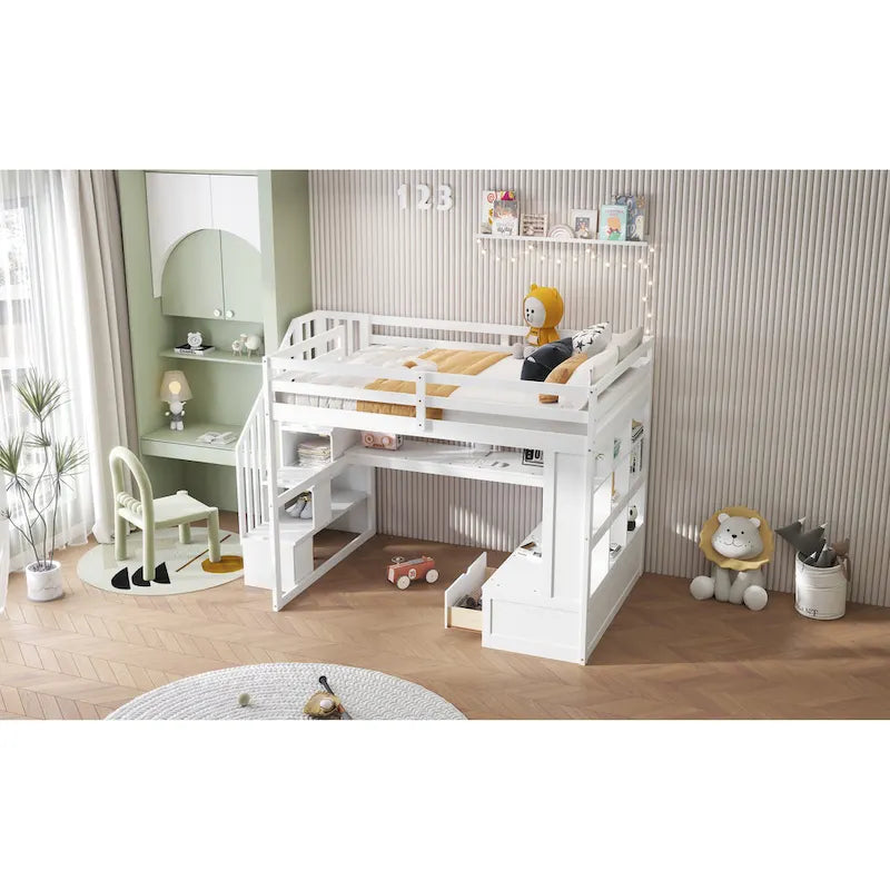 Letto a soppalco full size con scrivania, mensole, cassetti e scala