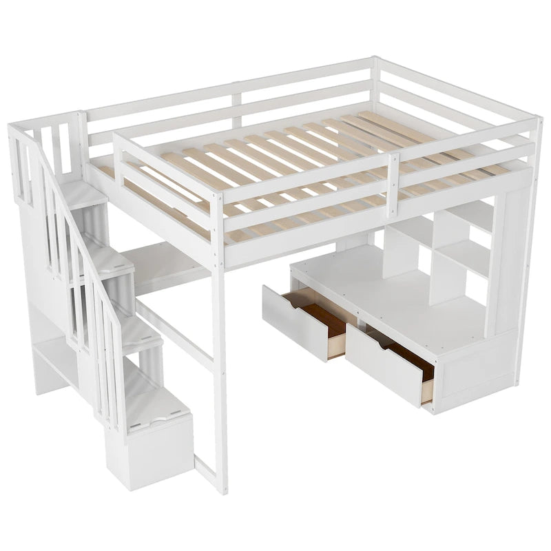Letto a soppalco full size con scrivania, mensole, cassetti e scala