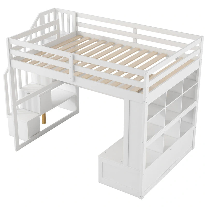 Letto a soppalco full size con scrivania, mensole, cassetti e scala