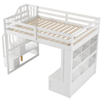 Letto a soppalco full size con scrivania, mensole, cassetti e scala