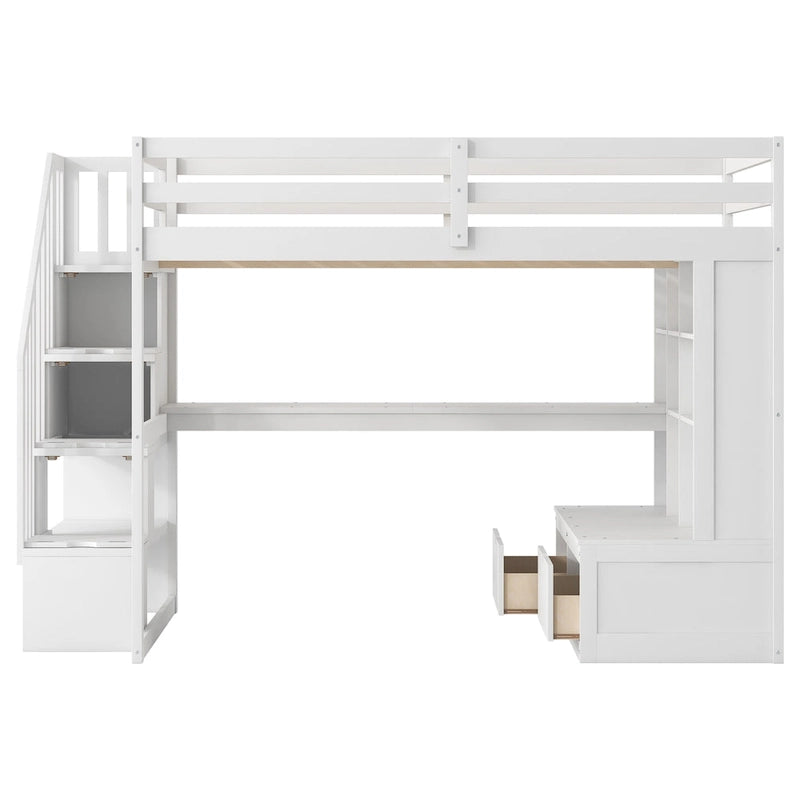 Letto a soppalco full size con scrivania, mensole, cassetti e scala