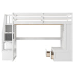 Letto a soppalco full size con scrivania, mensole, cassetti e scala