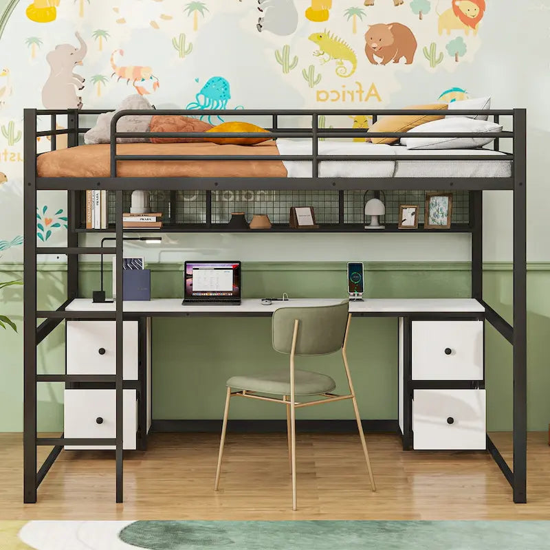 Letto a soppalco full-size in metallo con scrivania, cassetti, mensola e stazione di ricarica