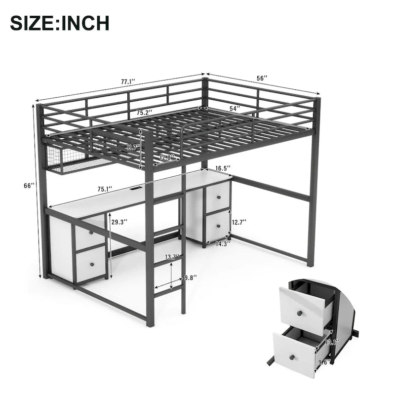 Letto a soppalco full-size in metallo con scrivania, cassetti, mensola e stazione di ricarica