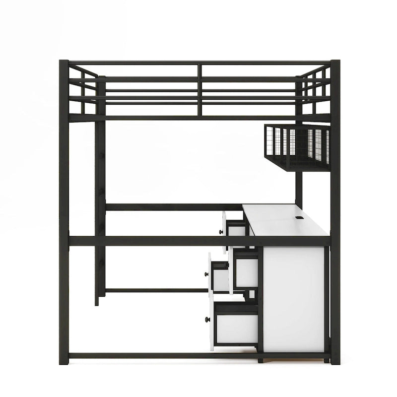 Letto a soppalco full-size in metallo con scrivania, cassetti, mensola e stazione di ricarica