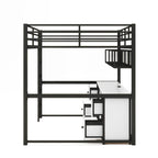 Letto a soppalco full-size in metallo con scrivania, cassetti, mensola e stazione di ricarica