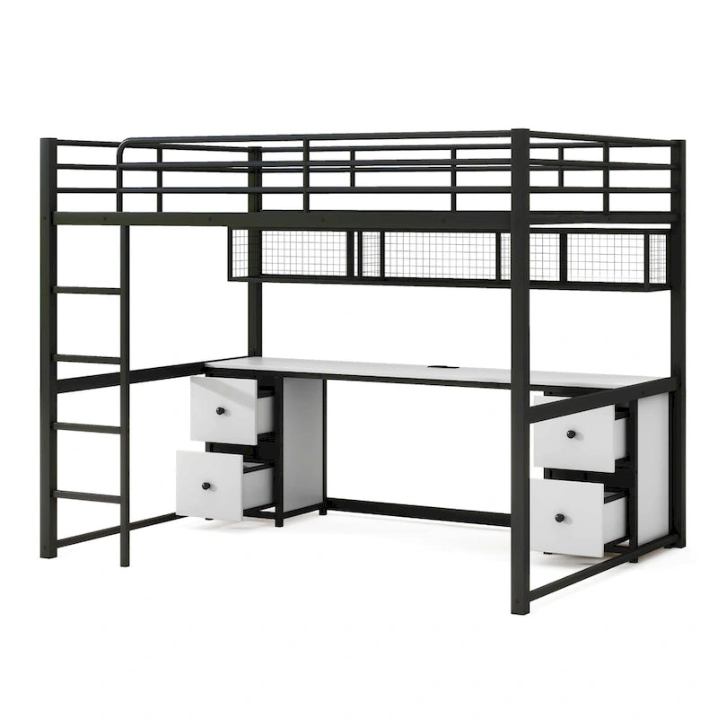 Letto a soppalco full-size in metallo con scrivania, cassetti, mensola e stazione di ricarica