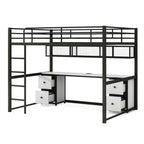 Letto a soppalco full-size in metallo con scrivania, cassetti, mensola e stazione di ricarica