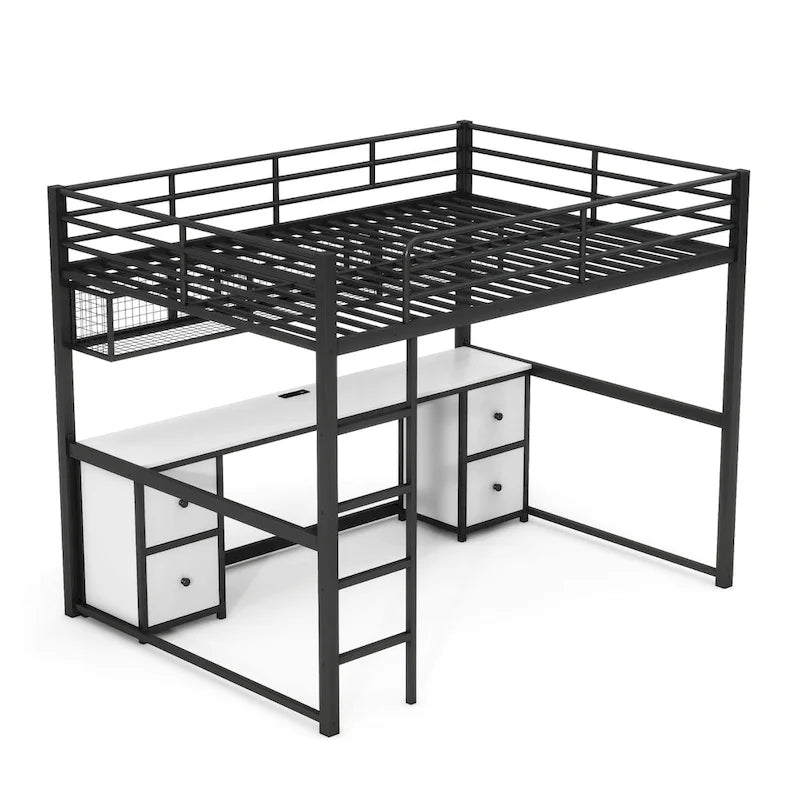Letto a soppalco full-size in metallo con scrivania, cassetti, mensola e stazione di ricarica