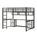 Letto a soppalco full-size in metallo con scrivania, cassetti, mensola e stazione di ricarica