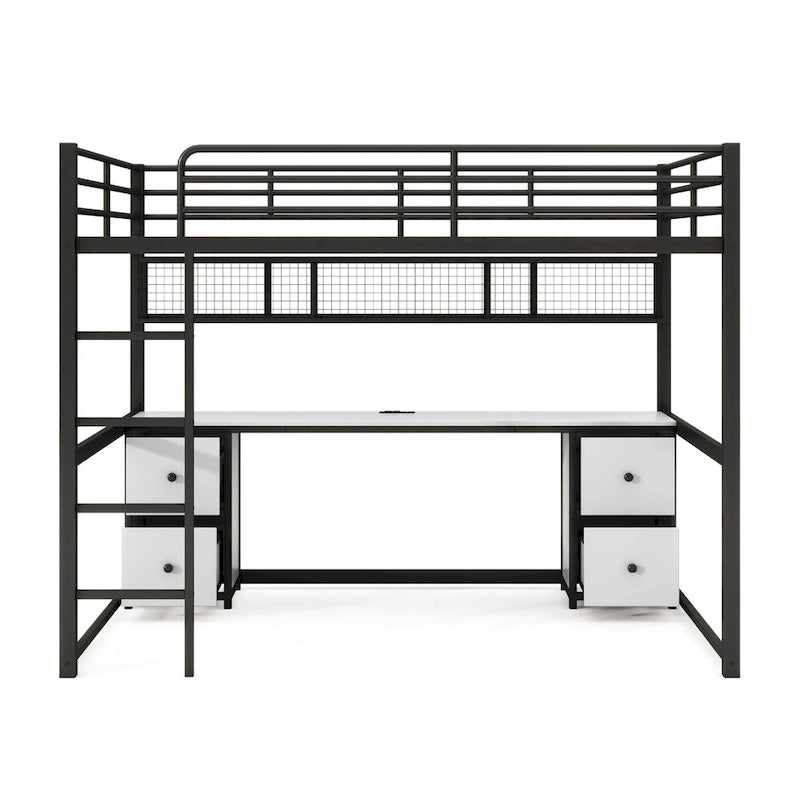Letto a soppalco full-size in metallo con scrivania, cassetti, mensola e stazione di ricarica