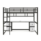 Letto a soppalco full-size in metallo con scrivania, cassetti, mensola e stazione di ricarica