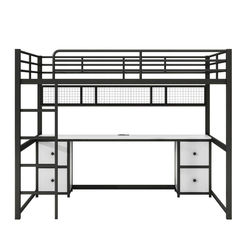 Letto a soppalco full-size in metallo con scrivania, cassetti, mensola e stazione di ricarica