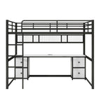 Letto a soppalco full-size in metallo con scrivania, cassetti, mensola e stazione di ricarica