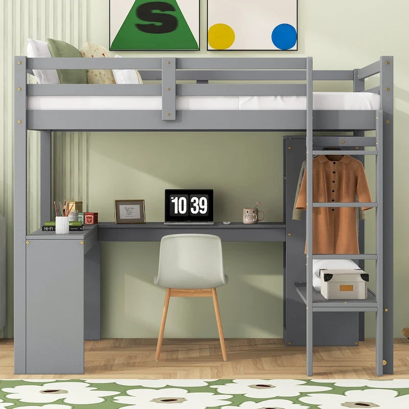 Letto a soppalco singolo con scrivania a L, armadio e mensole portaoggetti