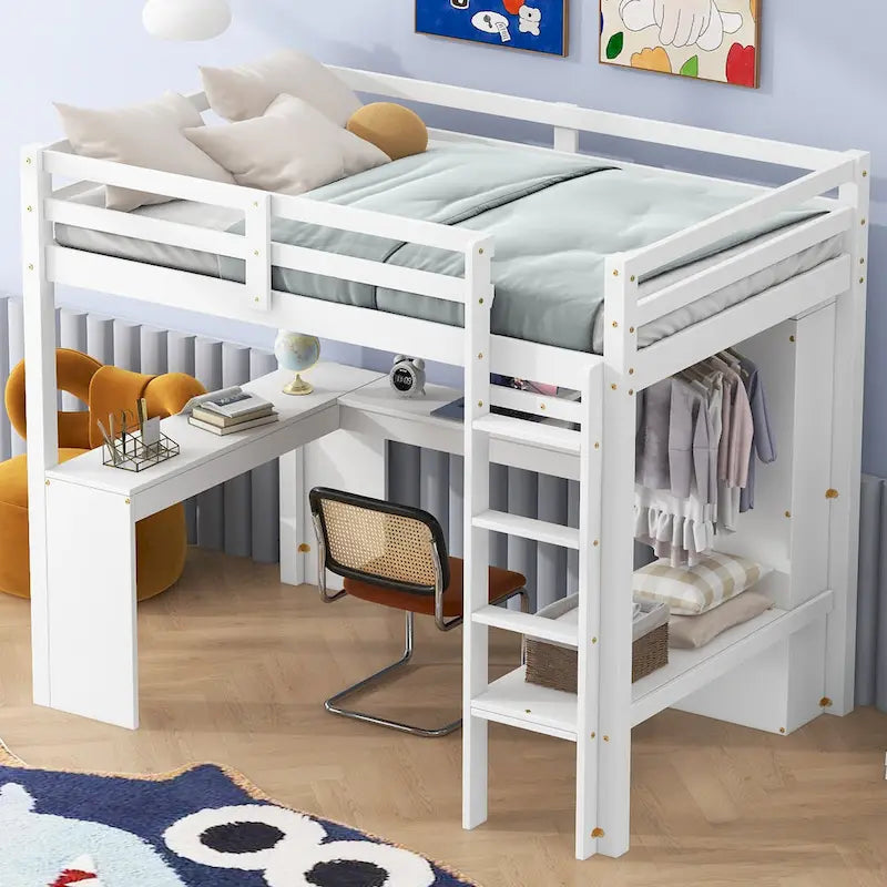 Letto a soppalco singolo con scrivania a L, armadio e mensole portaoggetti