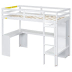 Letto a soppalco singolo con scrivania a L, armadio e mensole portaoggetti