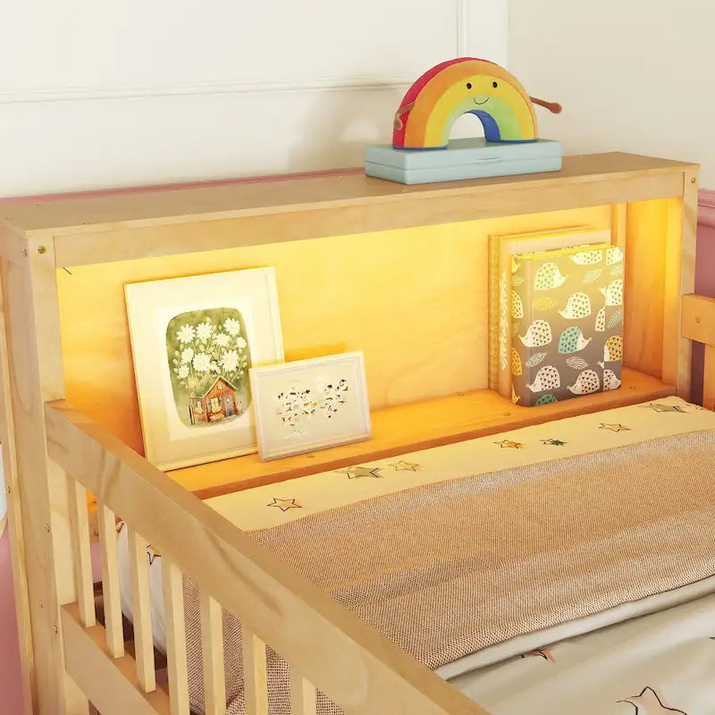Letto a soppalco basso una piazza e mezza con luci LED, scale, cassetti e ripiani