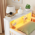 Letto a soppalco basso una piazza e mezza con luci LED, scale, cassetti e ripiani