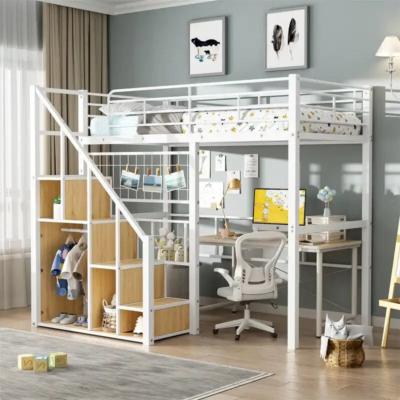 Letto a soppalco singolo in metallo con scala contenitore e armadio