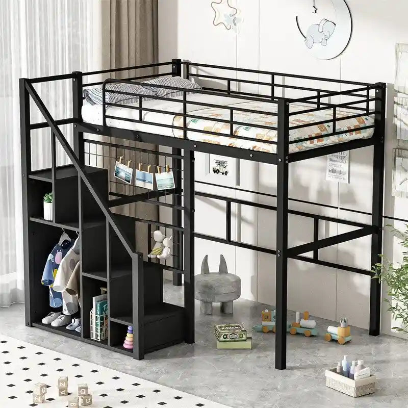 Letto a soppalco singolo in metallo con scala contenitore e armadio