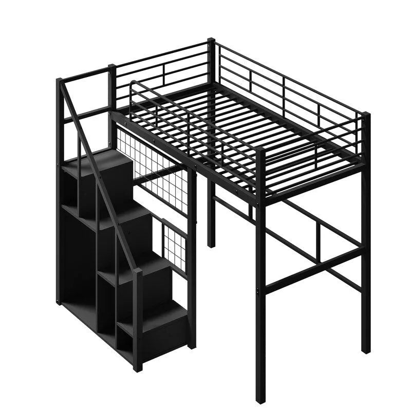Letto a soppalco singolo in metallo con scala contenitore e armadio