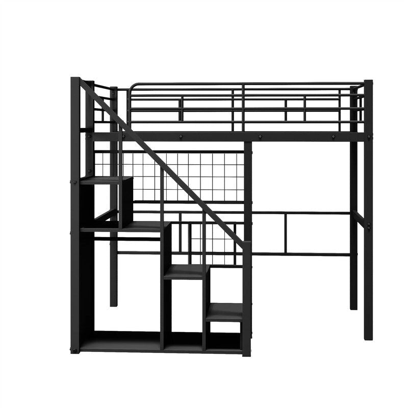Letto a soppalco singolo in metallo con scala contenitore e armadio