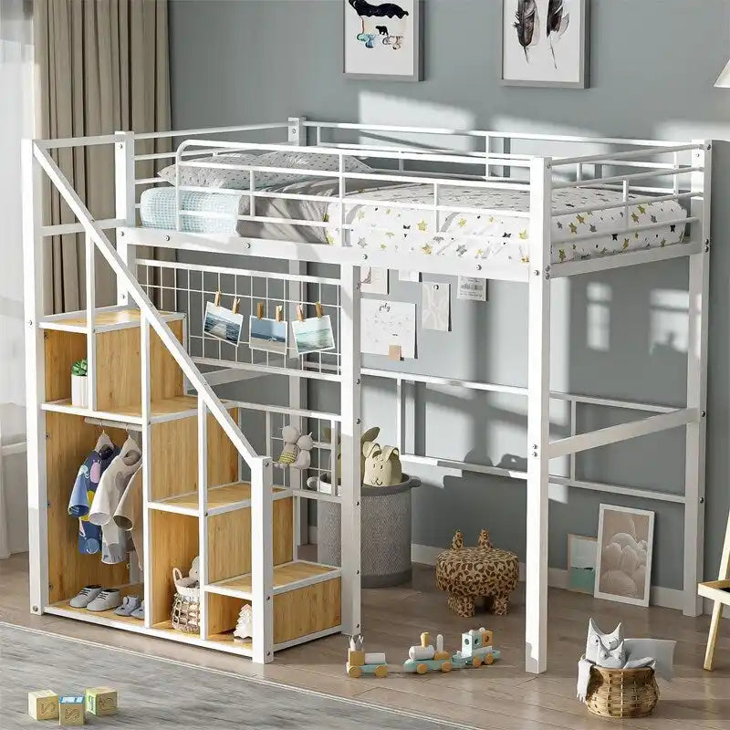 Letto a soppalco singolo in metallo con scala contenitore e armadio