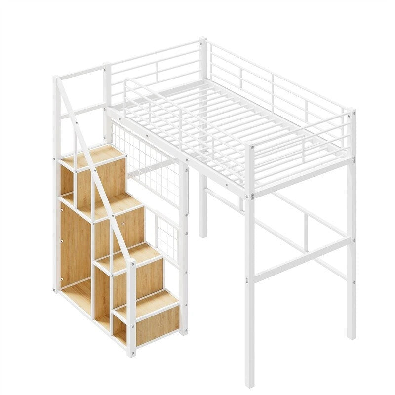 Letto a soppalco singolo in metallo con scala contenitore e armadio