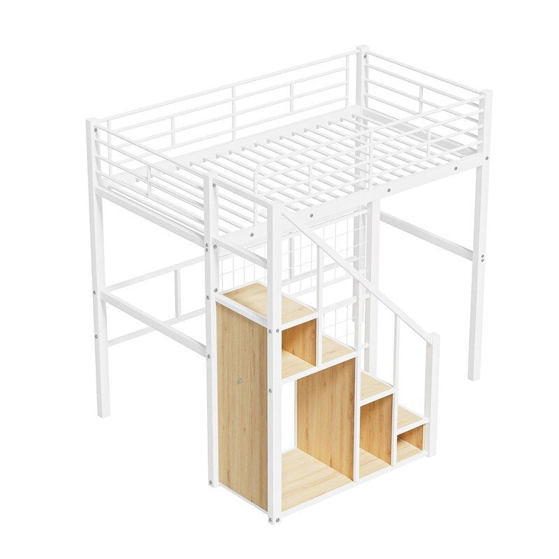 Letto a soppalco singolo in metallo con scala contenitore e armadio