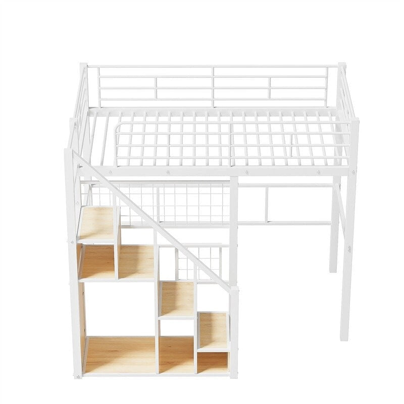 Letto a soppalco singolo in metallo con scala contenitore e armadio