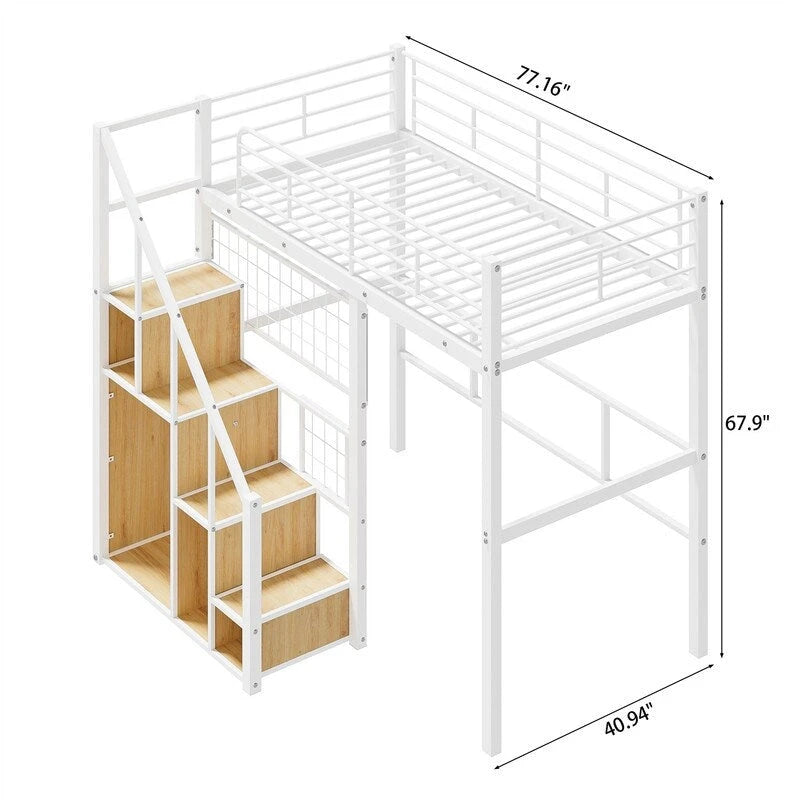 Letto a soppalco singolo in metallo con scala contenitore e armadio