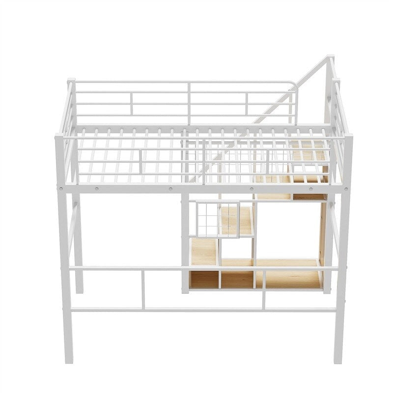 Letto a soppalco singolo in metallo con scala contenitore e armadio