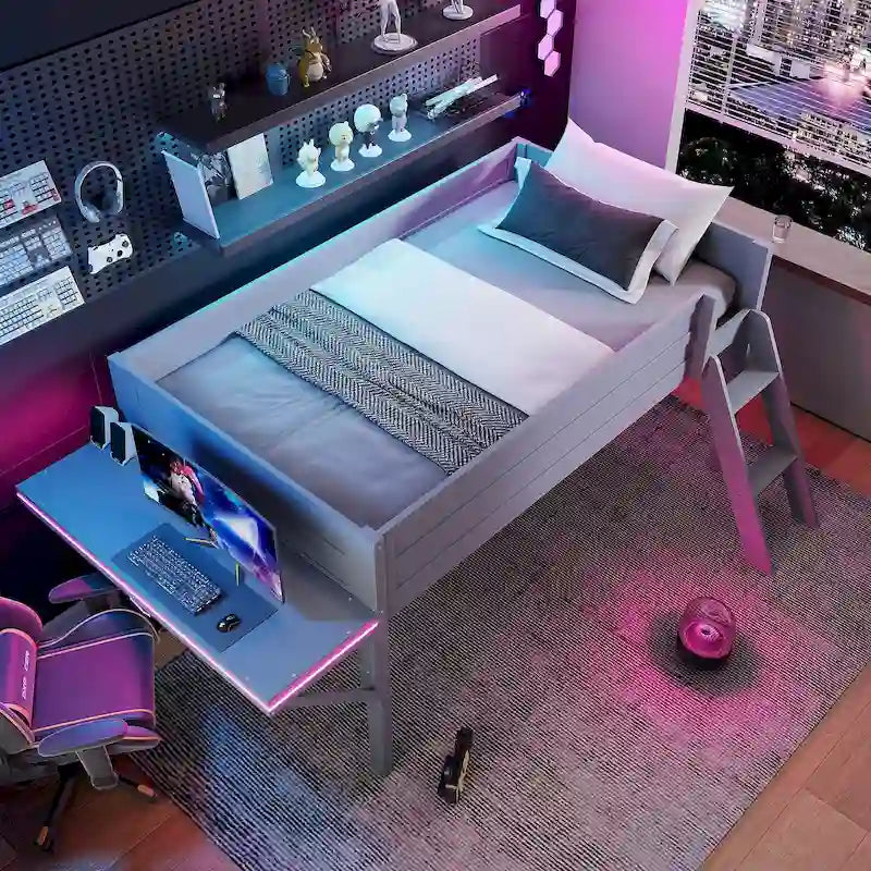 Letto a soppalco singolo con scrivania e luci LED