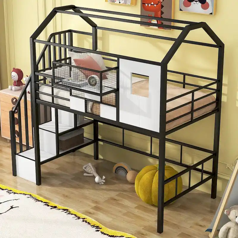 Letto a soppalco matrimoniale in metallo con tetto a forma di casa e contenitore integrato