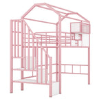 Twin Size Metal Loft Bed w/Roof Design, House Shaped Stairway Bedframe