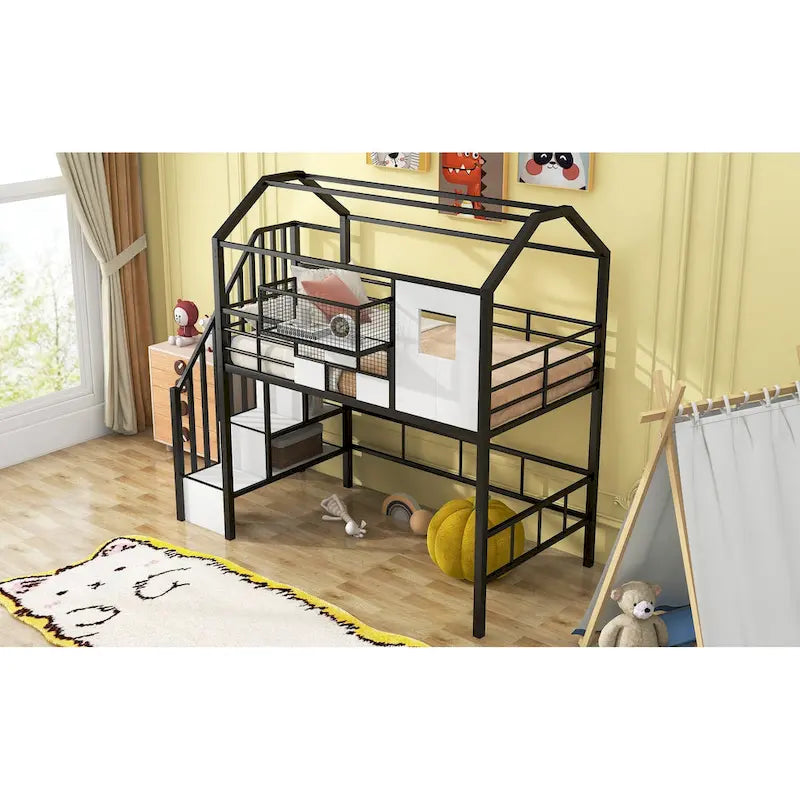 Letto a soppalco matrimoniale in metallo con tetto a forma di casa e contenitore integrato
