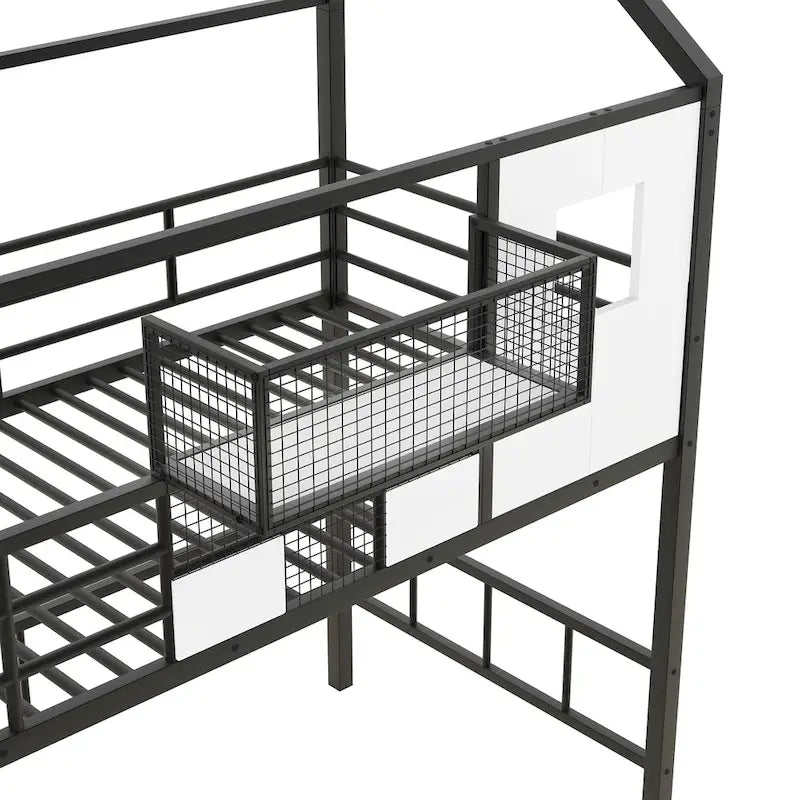 Letto a soppalco matrimoniale in metallo con tetto a forma di casa e contenitore integrato