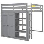 Wood Full Size Loft Bed with Built-in Wardrobe and Storage Shelves