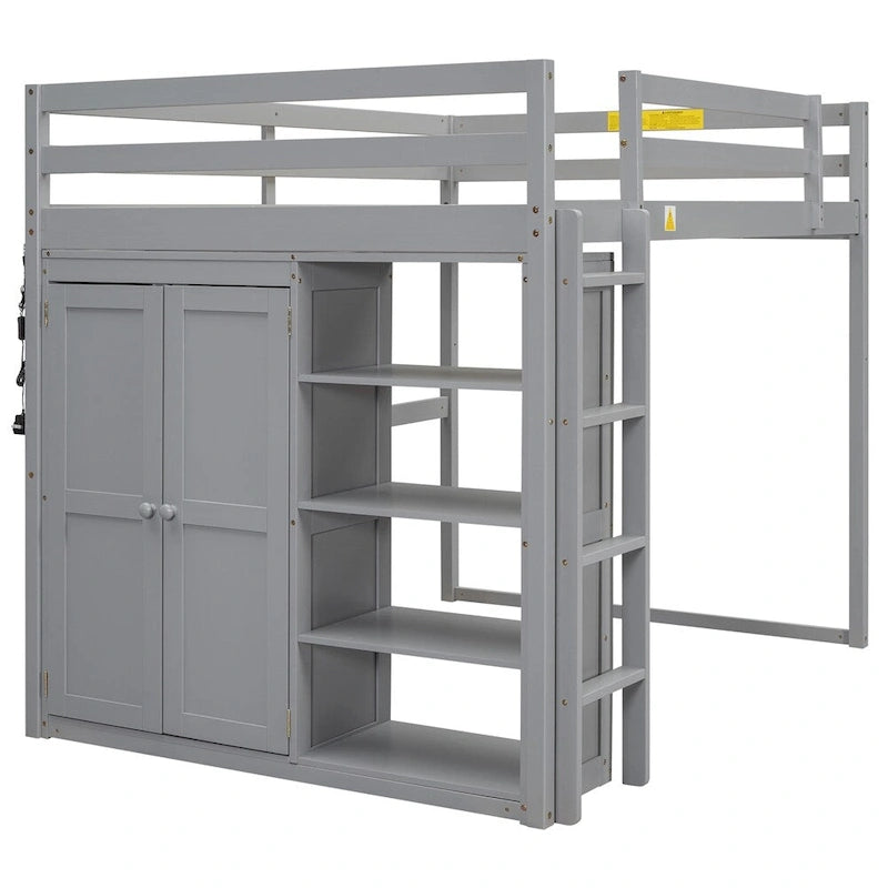 Wood Full Size Loft Bed with Built-in Wardrobe and Storage Shelves