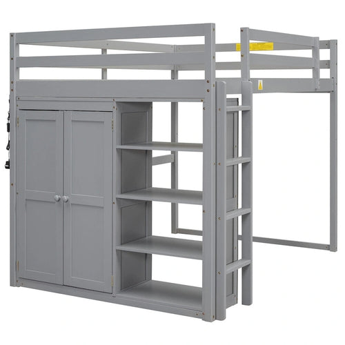 Wood Full Size Loft Bed with Built-in Wardrobe and Storage Shelves