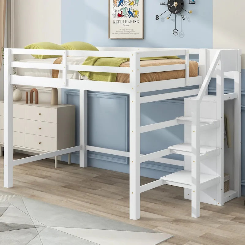 Letto a soppalco full-size con armadio e scala contenitore