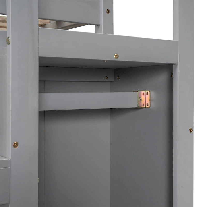 Full Size Loft Bed with Built-in Storage Wardrobe and Staircase