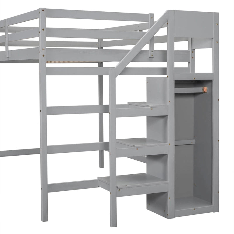 Letto a soppalco full-size con armadio e scala contenitore