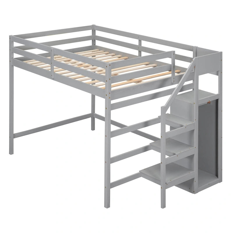Letto a soppalco full-size con armadio e scala contenitore